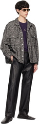 International Gallery BEAMS Black & White Herringbone Tweed Open Collar Shirt