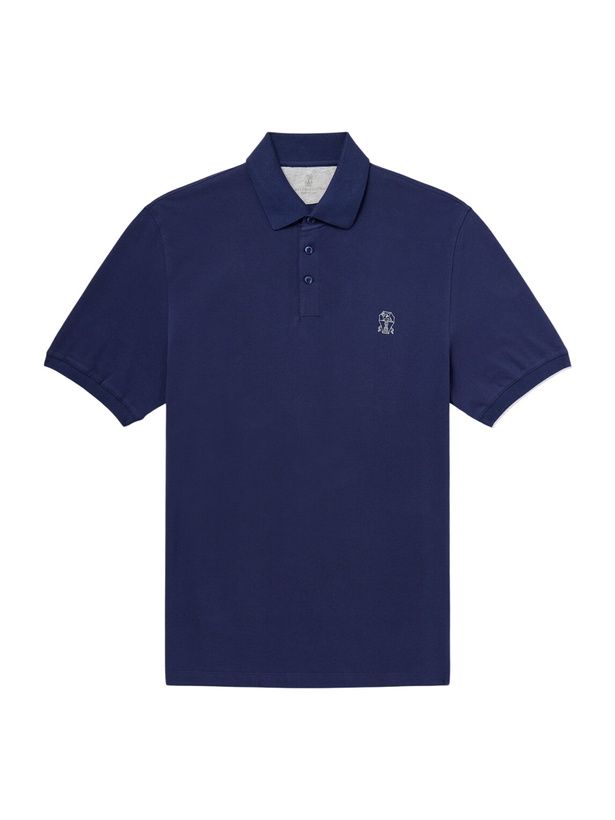Photo: Brunello Cucinelli - Logo-Print Cotton-Piqué Polo Shirt - Blue