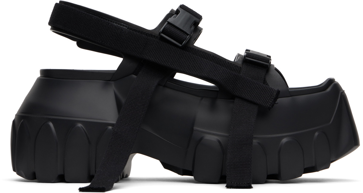 【RICK OWENS】ブラック Hollywood Mega Tractor ヒールサンダル Rick Owens Black Hollywood Mega Tractor Heeled Sandals Rick