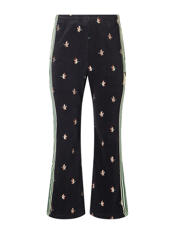 Photo: KAPITAL - Cropped Flared Webbing-Trimmed Embroidered Cotton-Blend Corduroy Sweatpants - Black