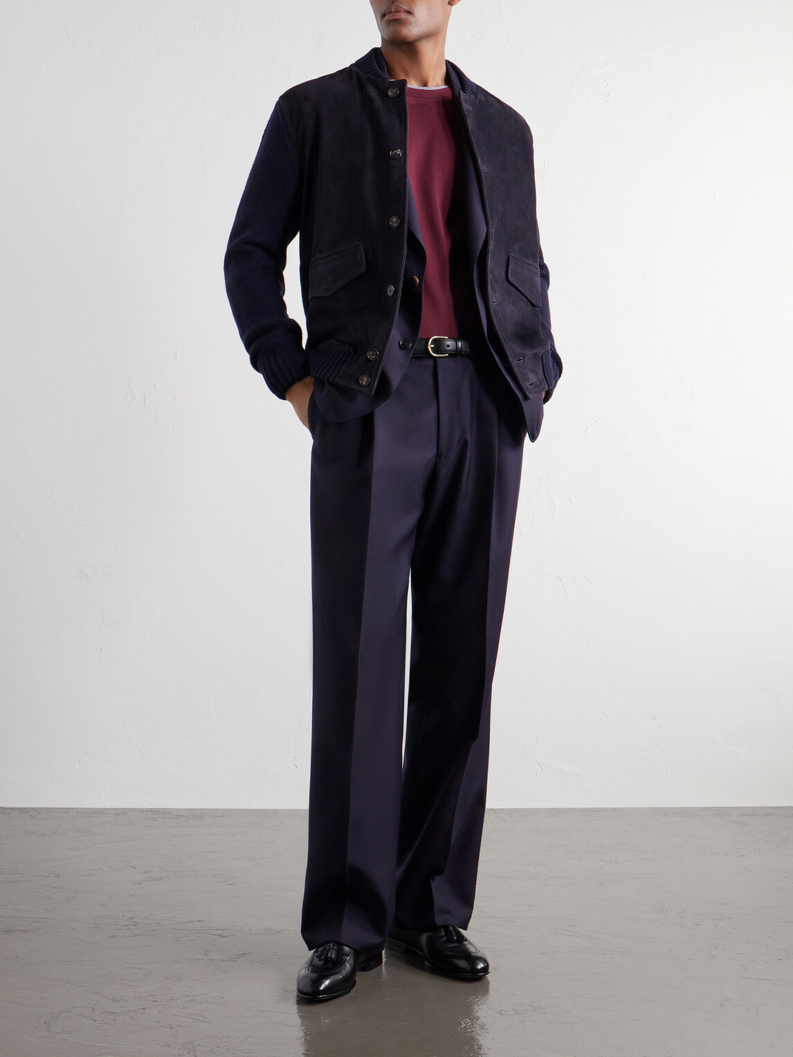 Slowear - Zanone Slim-Fit Suede and Honeycomb-Knit Virgin Wool Bomber Jacket - Blue