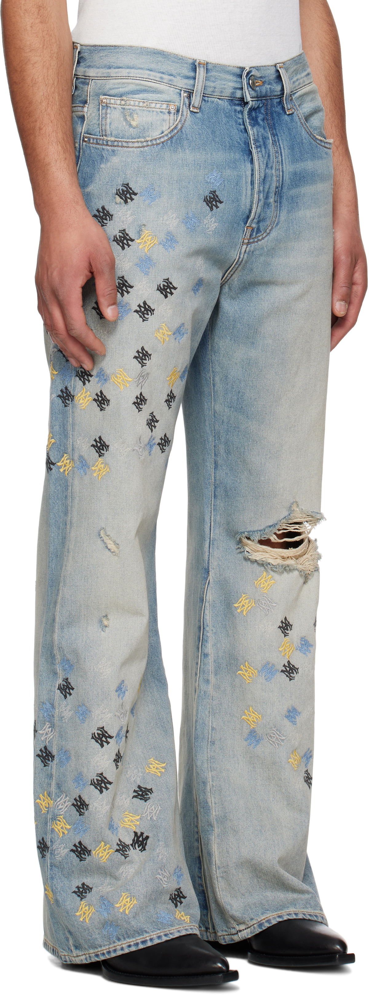 AMIRI Blue MA Quad Embroidered Flare Jeans