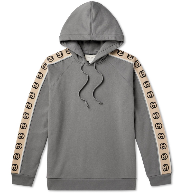 Photo: Gucci - Oversized Webbing-Trimmed Loopback Cotton-Jersey Hoodie - Gray