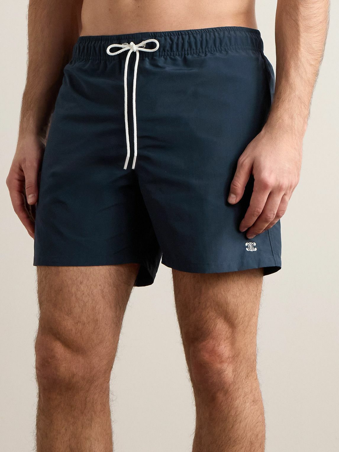 CELINE - Straight-Leg Mid-Length Logo-Embroidered Swim Shorts - Blue