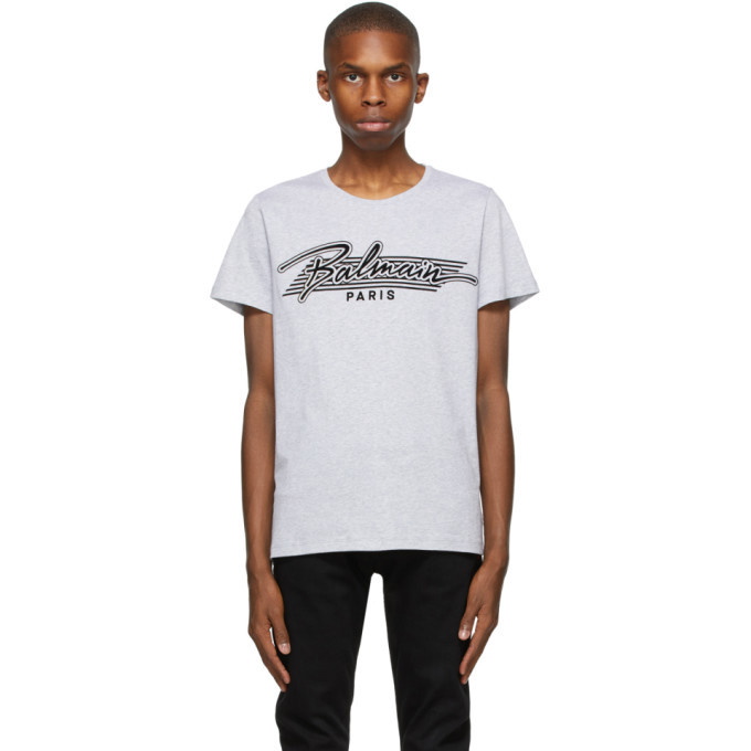 Photo: Balmain Grey Bi-Color Flocked Logo T-Shirt