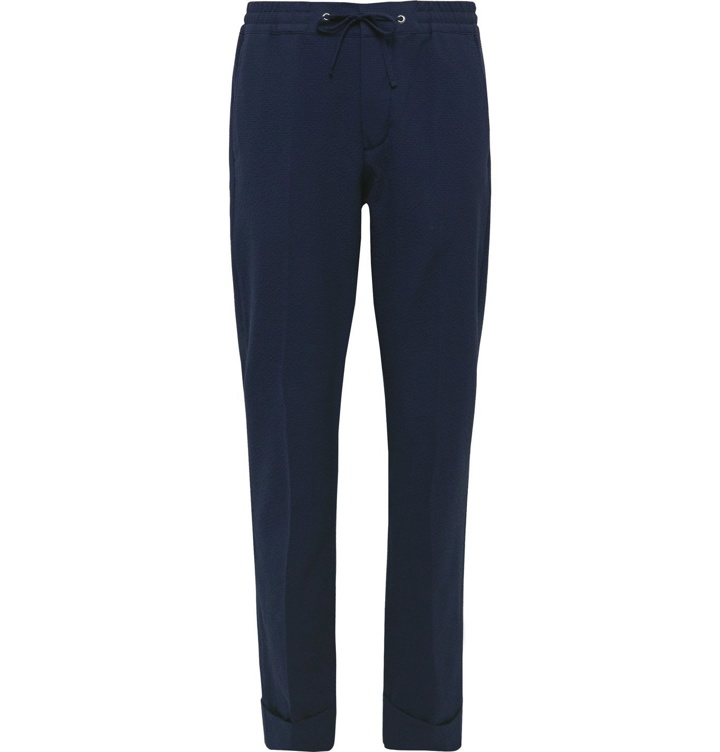 Photo: NN07 - Sebastian Tapered Cotton-Blend Seersucker Drawstring Trousers - Blue