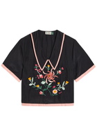 Rixo Nicolina Floral-embroidered Silk top Black
