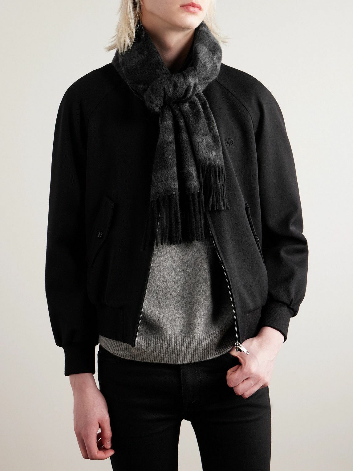 CELINE - Triomphe Fringed Monogrammed Jacquard-Knit Cashmere Scarf