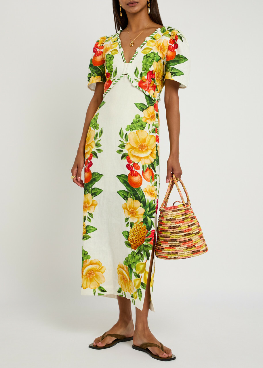 Farm Rio Picnic Flower Printed Linen Maxi Dress Yellow