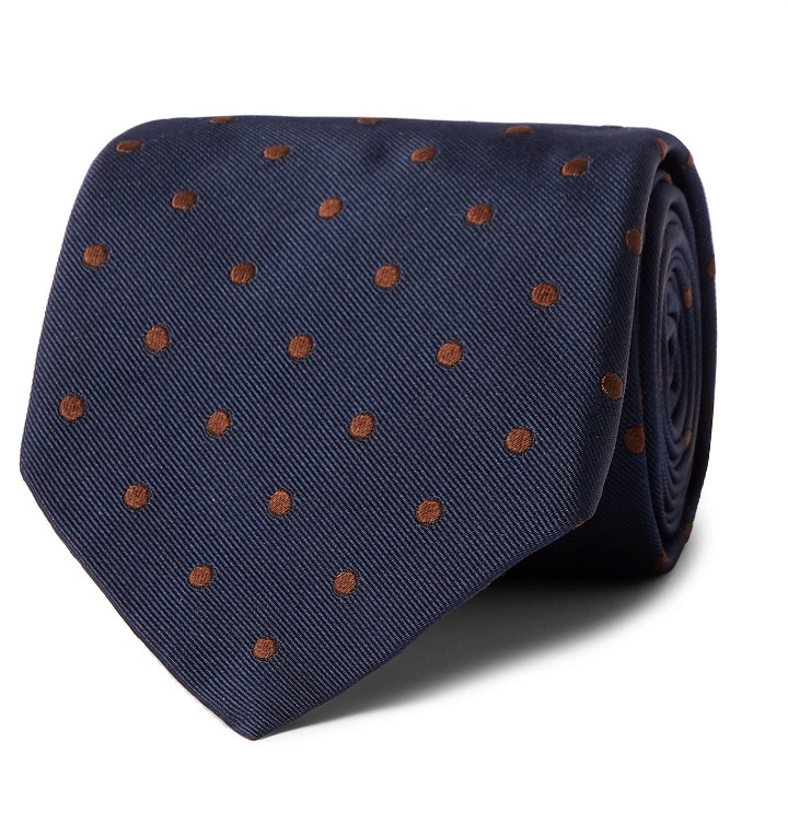 Photo: Anderson & Sheppard - 9cm Polka-Dot Embroidered Silk-Twill Tie - Blue