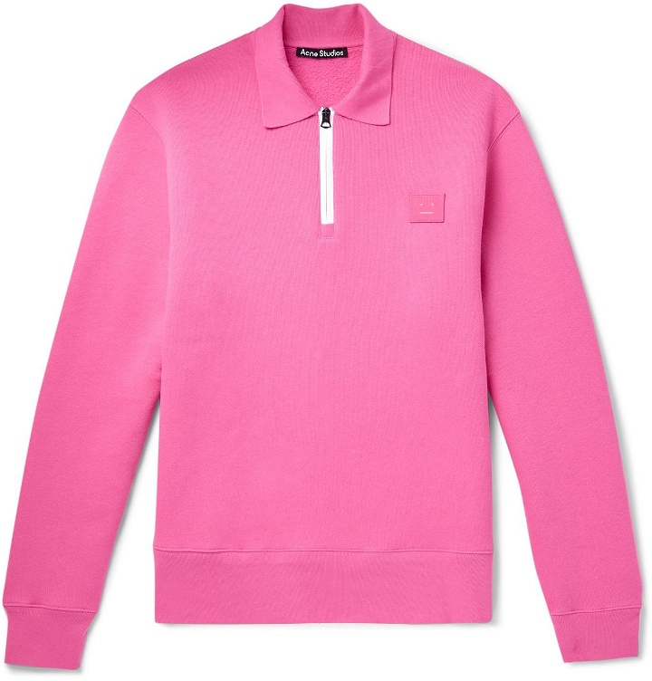 Photo: Acne Studios - Logo-Appliquéd Fleece-Back Cotton-Jersey Half-Zip Sweatshirt - Pink