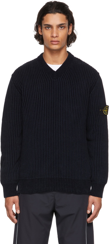 Photo: Stone Island Navy Rib Knit V-Neck Sweater