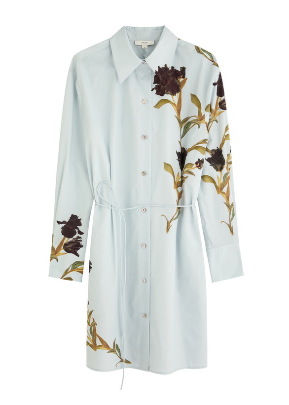 Photo: Vince Floral-print Cotton-poplin Mini Shirt Dress Light Blue