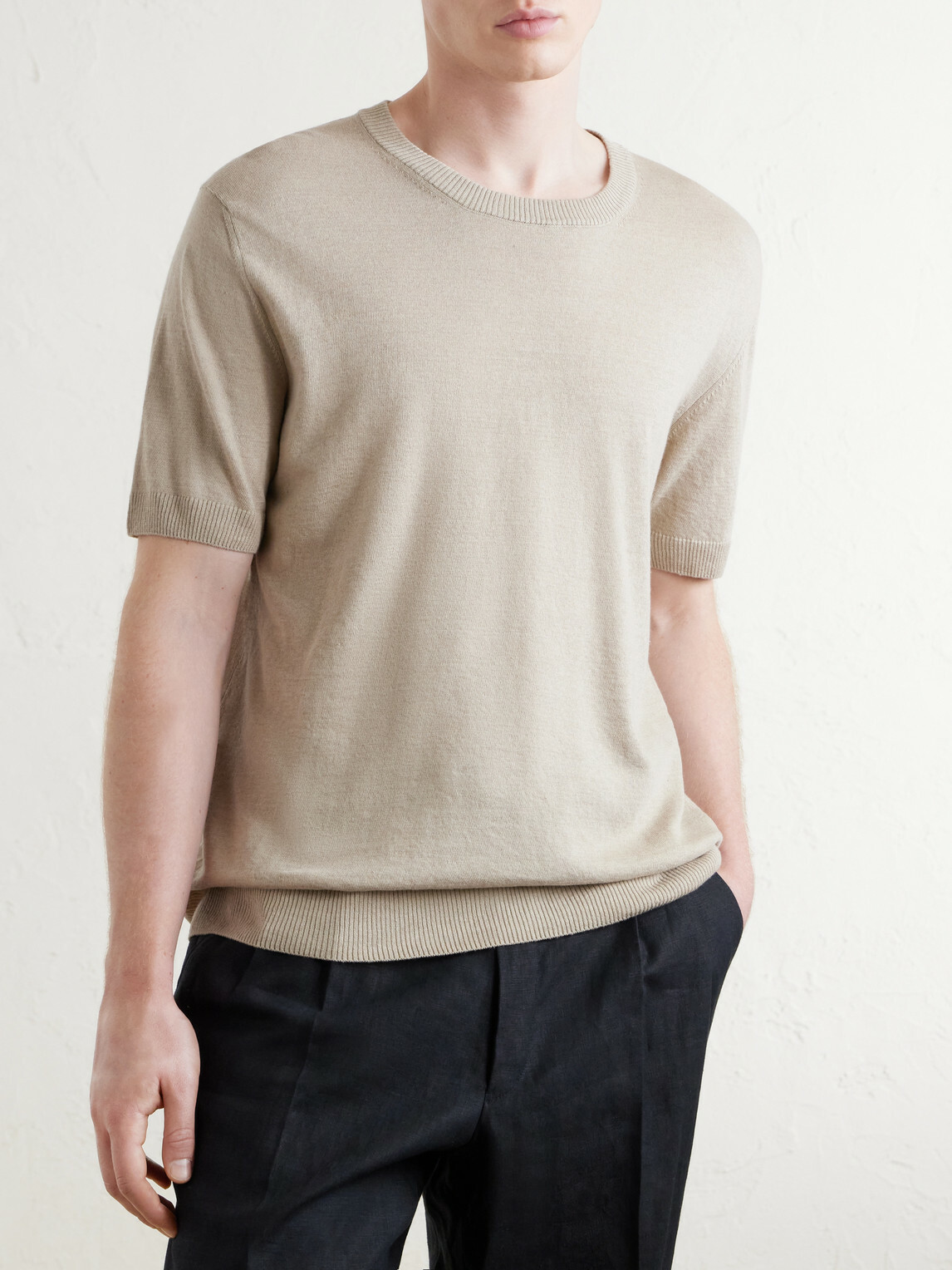 J MUESER - Knitted Linen and Cotton-Blend T-Shirt - Neutrals
