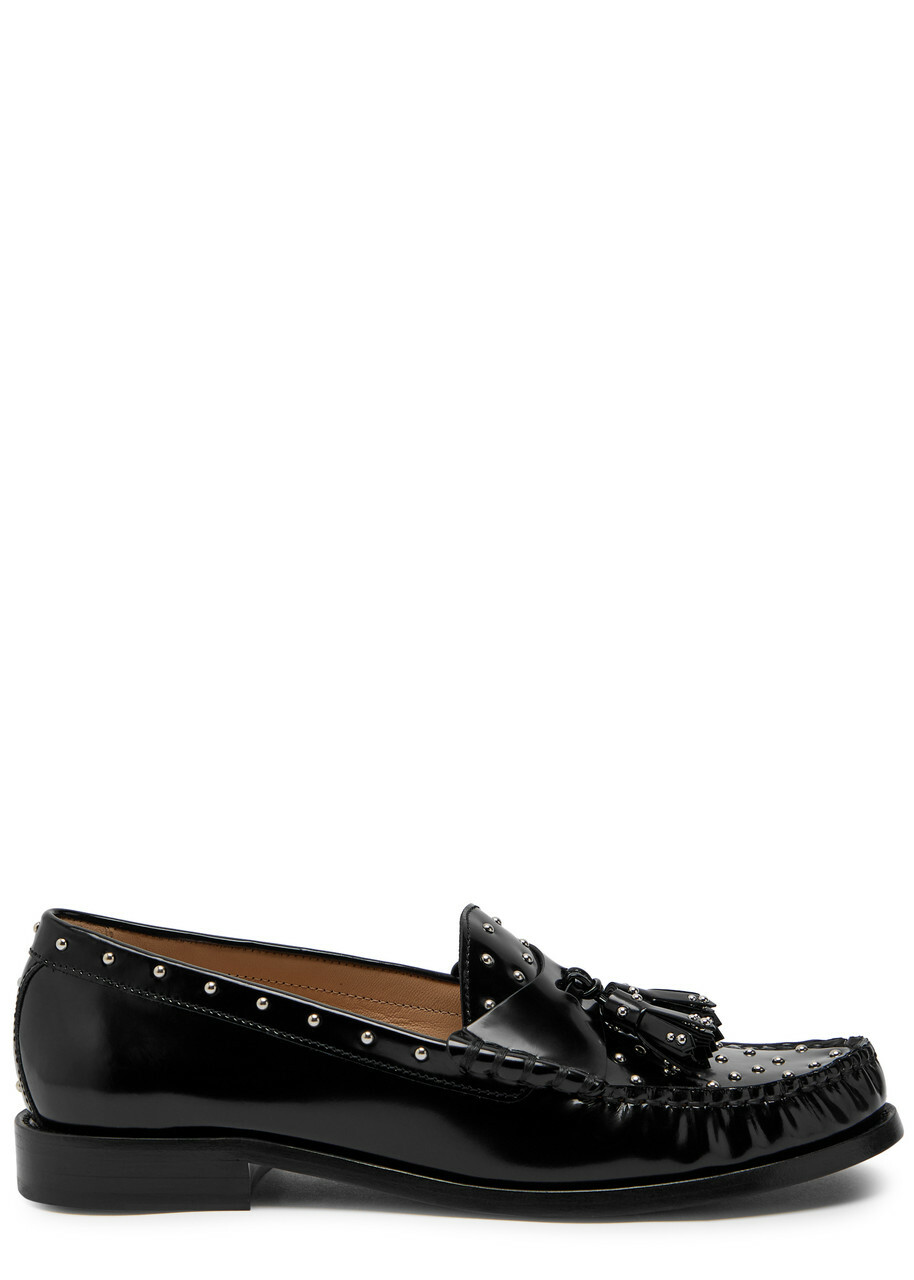 Stuart Weitzman Lottie Studded Glossed Leather Loafers Black