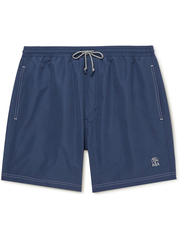 Photo: Brunello Cucinelli - Straight-Leg Long-Length Logo-Embroidered Swim Shorts - Blue