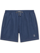 Brunello Cucinelli - Straight-Leg Long-Length Logo-Embroidered Swim Shorts - Blue