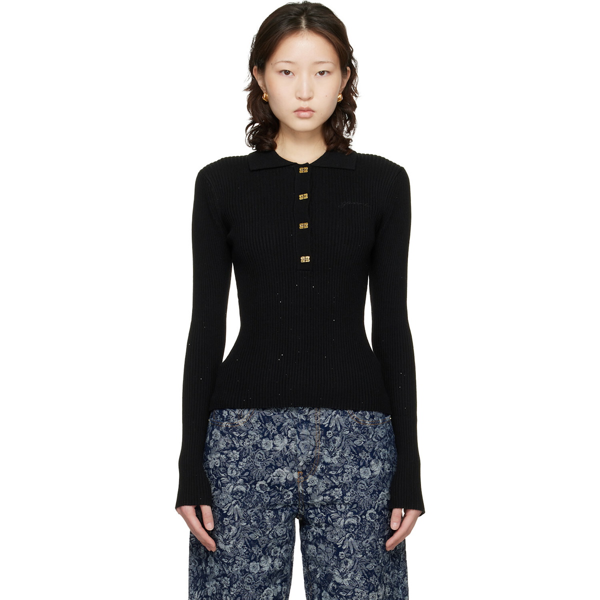 GANNI Black Fine Sequin Knitted Polo