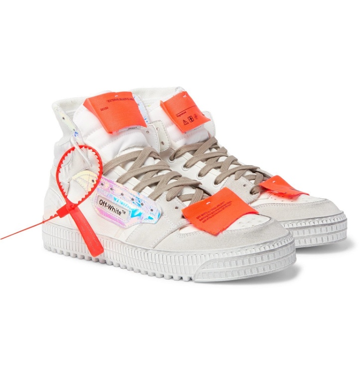 Photo: Off-White - Off-Court Distressed Suede, Leather and Canvas High-Top Sneakers - White