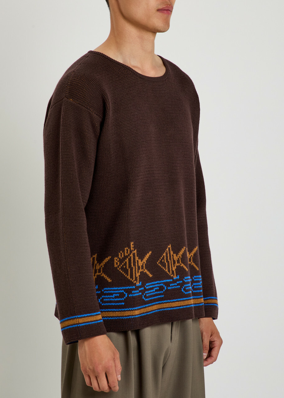 Bode Fish School Intarsia Cotton Jumper Brown