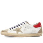 Golden Goose Men's Super-Star Leather Metal Logo Sneakers in White/Ice/Seedpearl/Red