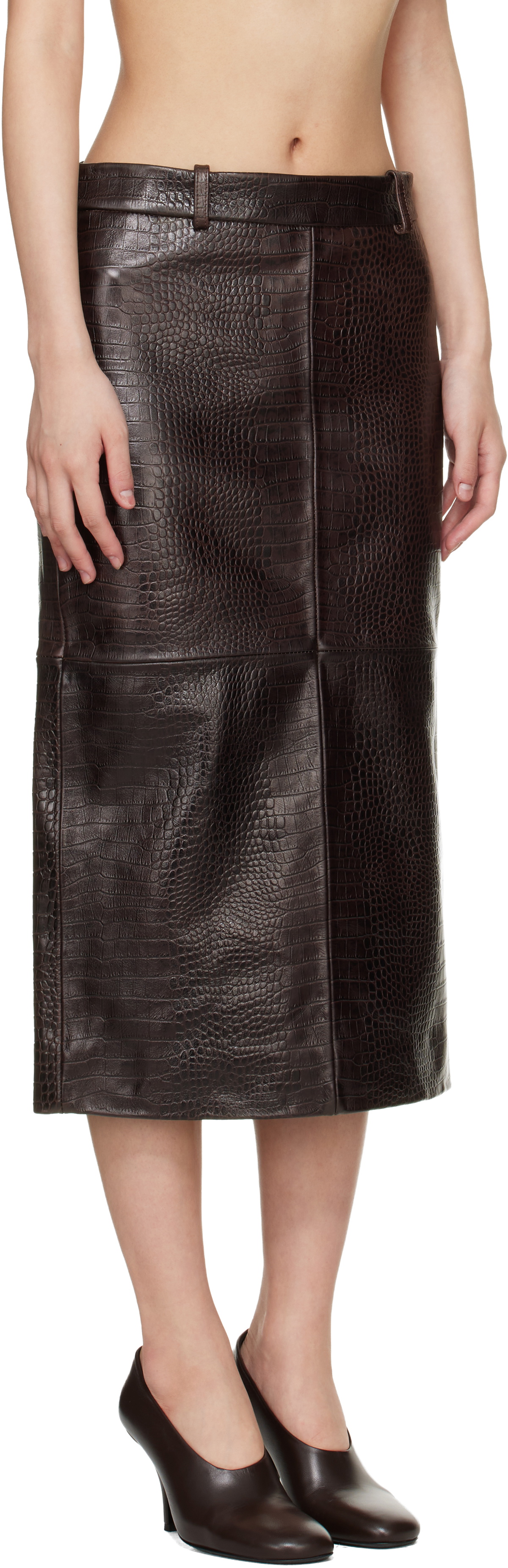 The Frankie Shop Brown Taney Pencil Croc Leather Midi Skirt