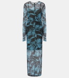 Ganni Printed ruched mesh maxi dress