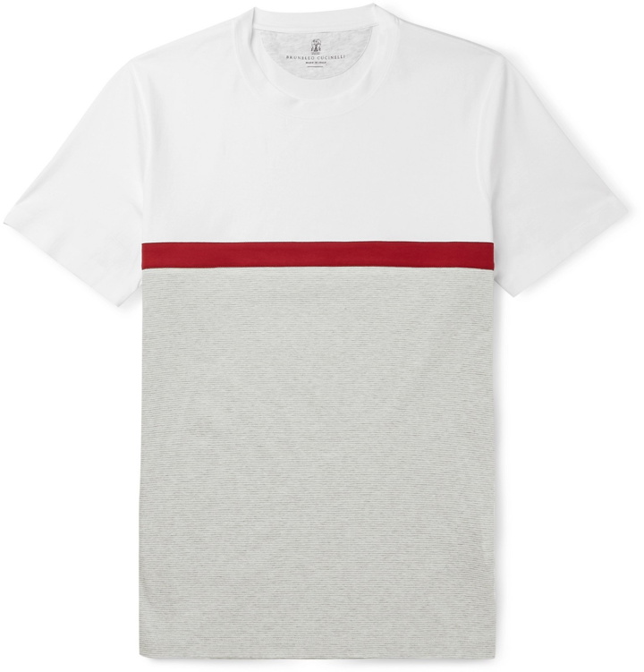 Photo: Brunello Cucinelli - Panelled Striped Cotton-Jersey T-Shirt - White