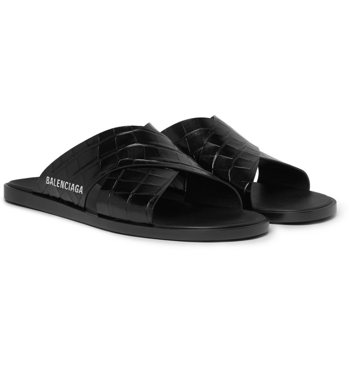Photo: Balenciaga - Logo-Print Croc-Effect Leather Slides - Black
