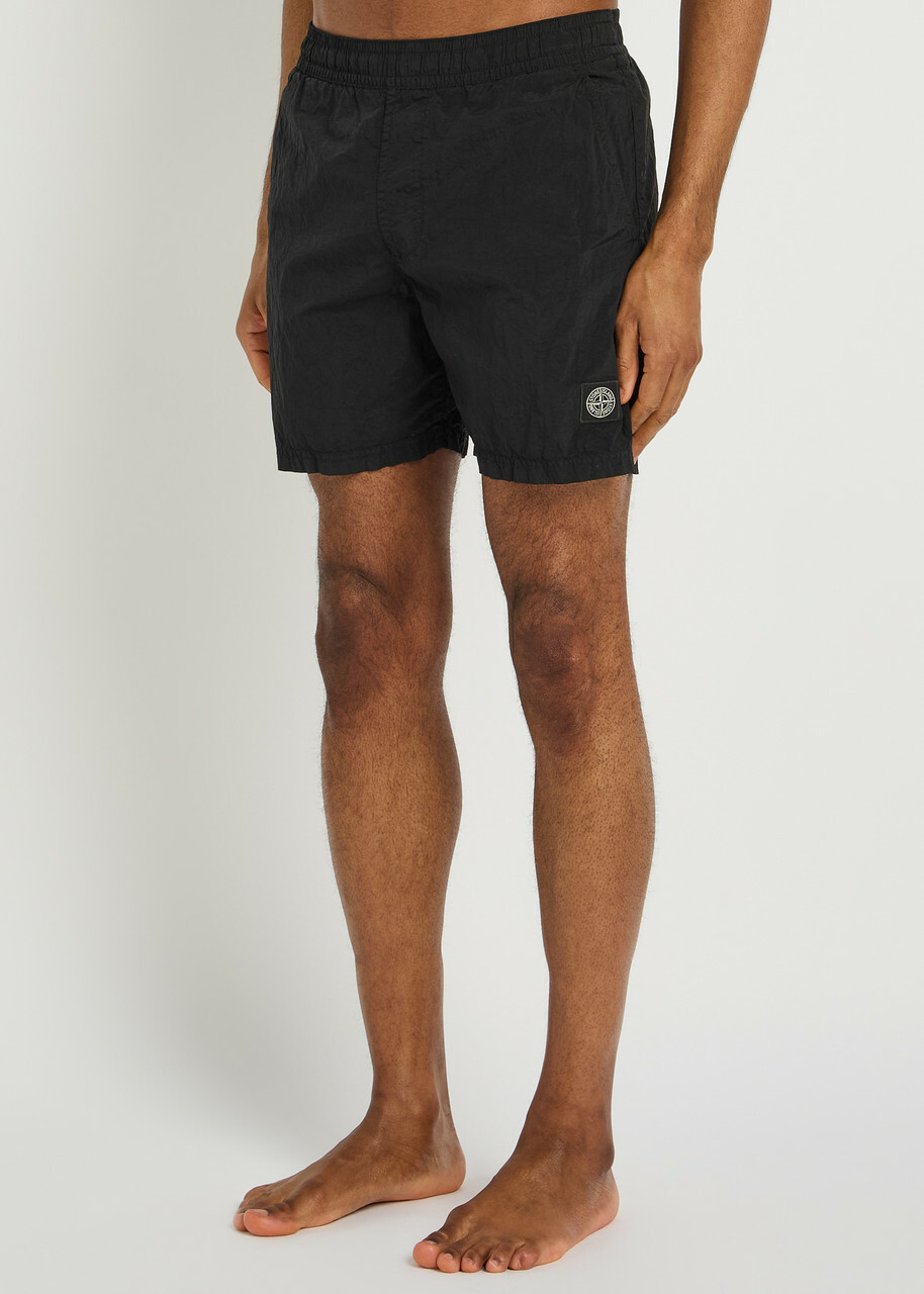 Stone Island Logo Crinkled Nylon Swim Shorts Black