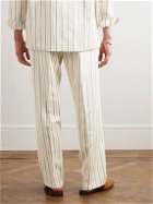 UMIT BENAN B - Julian Straight-Leg Striped Silk, Linen and Cotton-Blend Drawstring Trousers - White