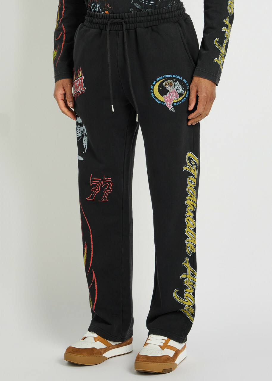 God Made Angel Printed Straight-leg Cotton Sweatpants Black