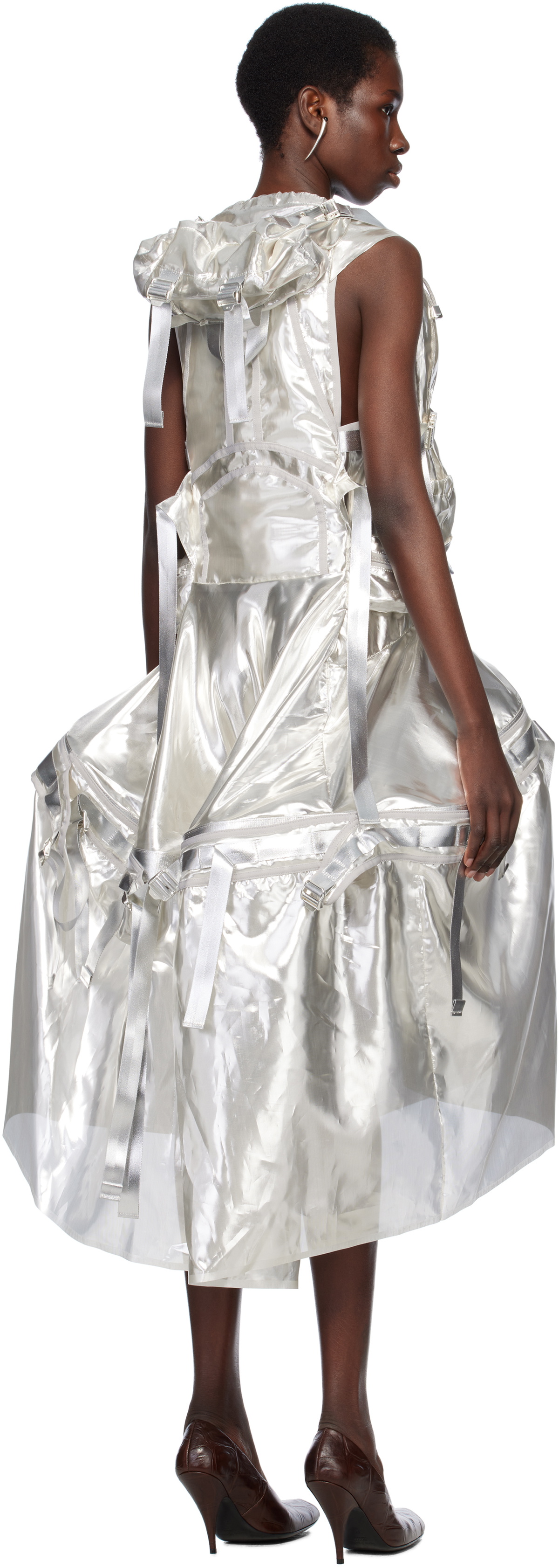 Junya Watanabe Silver Polyester Glitter Organdy Midi Dress Junya Watanabe