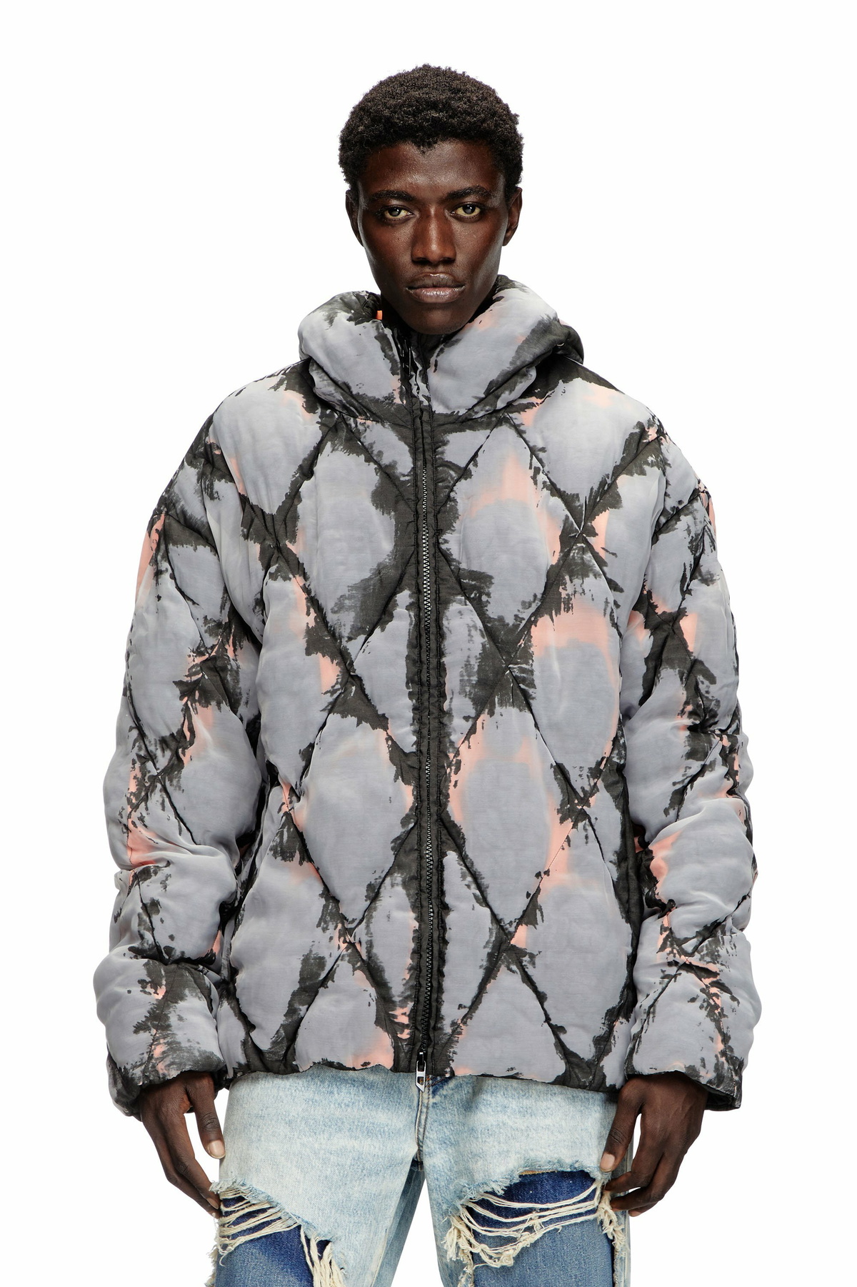 Diesel Hooded devoré argyle puffer jacket - Winter Jackets Mens in
