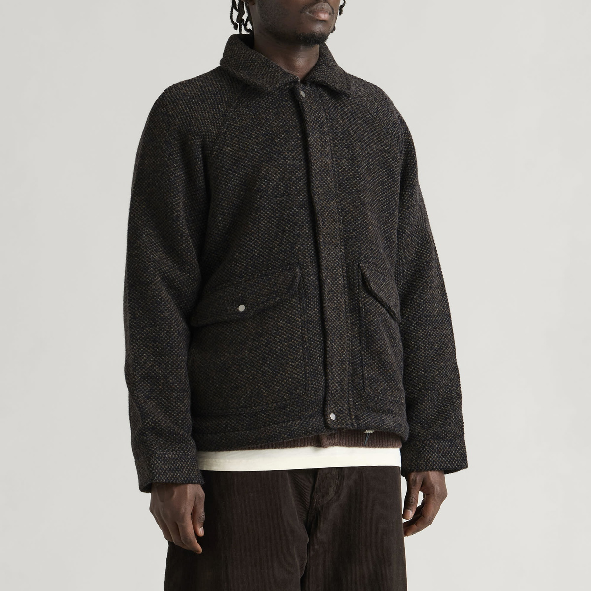 Folk Men's Cropped Winter Coat in Navy Brown Texture