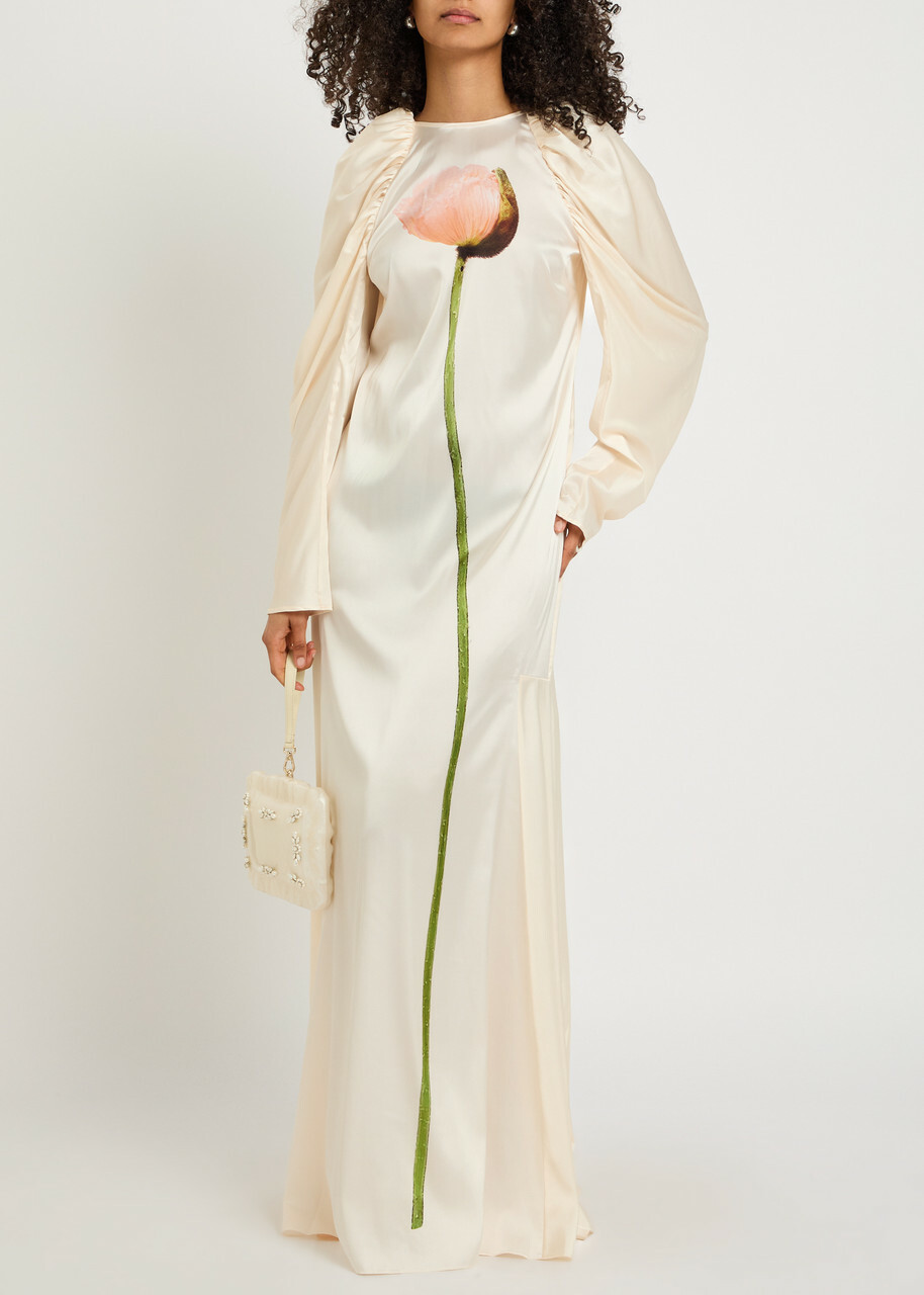 Simone Rocha Poppy Floral-print Satin Gown Cream