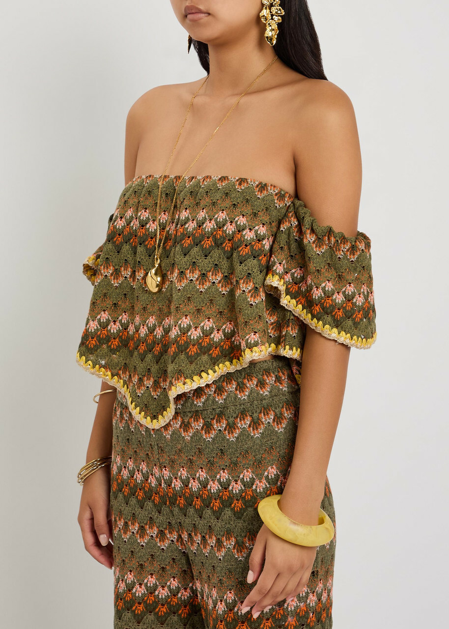 LA Double J Sand Dollar Embroidered Open-knit Cotton-blend top Green
