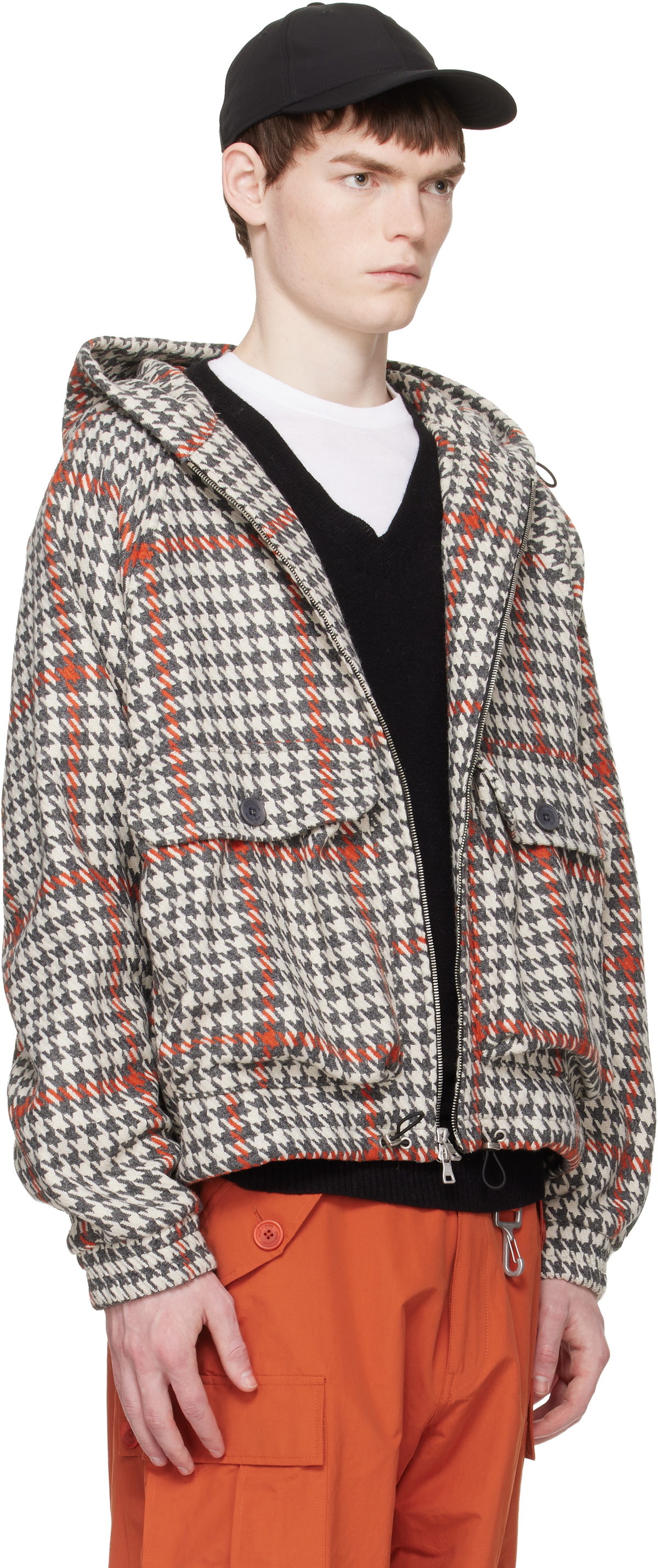 Reese Cooper Grau & Orange Wool Houndstooth Hooded Cargo Jacket