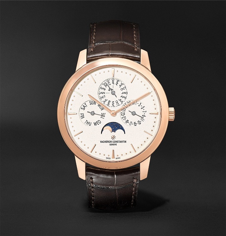 Photo: Vacheron Constantin - Traditionnelle Perpetual Calendar Automatic 41mm 18-Karat Pink Gold and Alligator Watch, Ref. No. 43175/000R-9687 - Blue