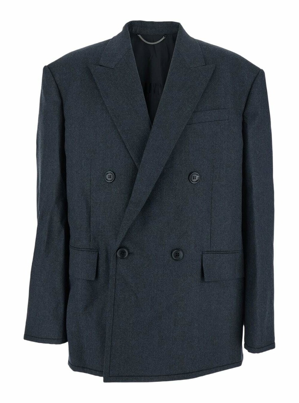 Photo: Juun.J Grey Double-breasted Jacket With Peaked Revers And Patch Pockets On Front In Wool Man