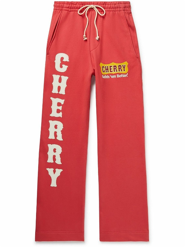 Photo: CHERRY LA - Straight-Leg Logo-Appliquéd Cotton-Jersey Sweatpants - Red