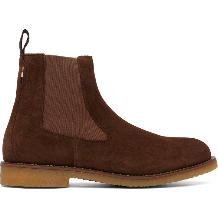 Photo: BOSS Brown Suede Signature-Stripe Stitching Chelsea Boots