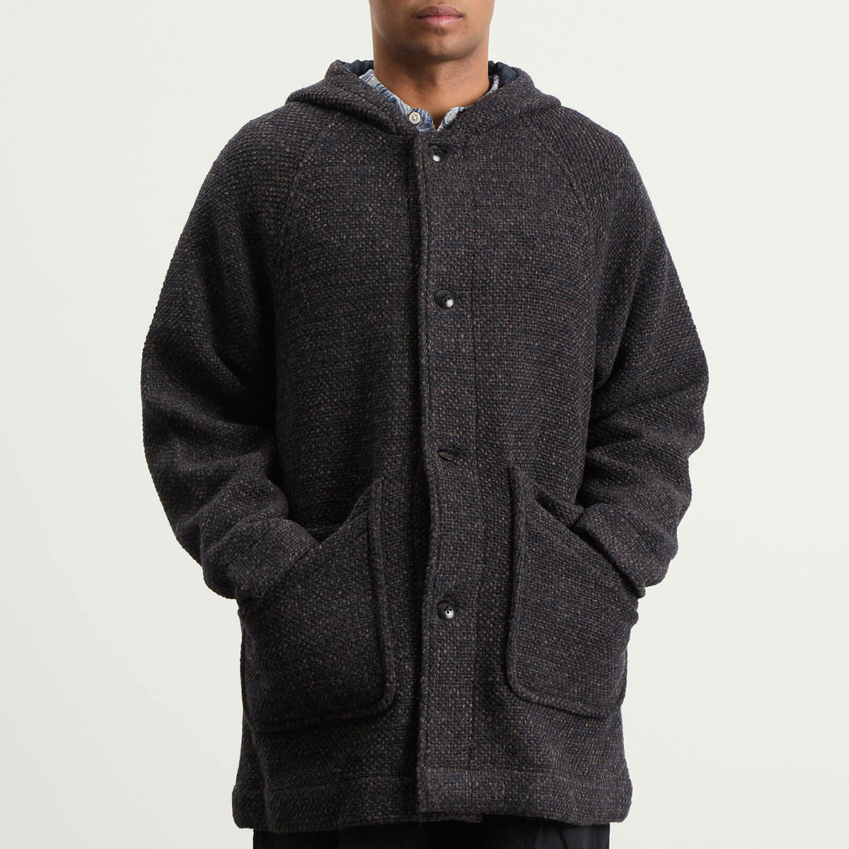 Folk Men's Hooded Car Coat in Navy Brown Texture