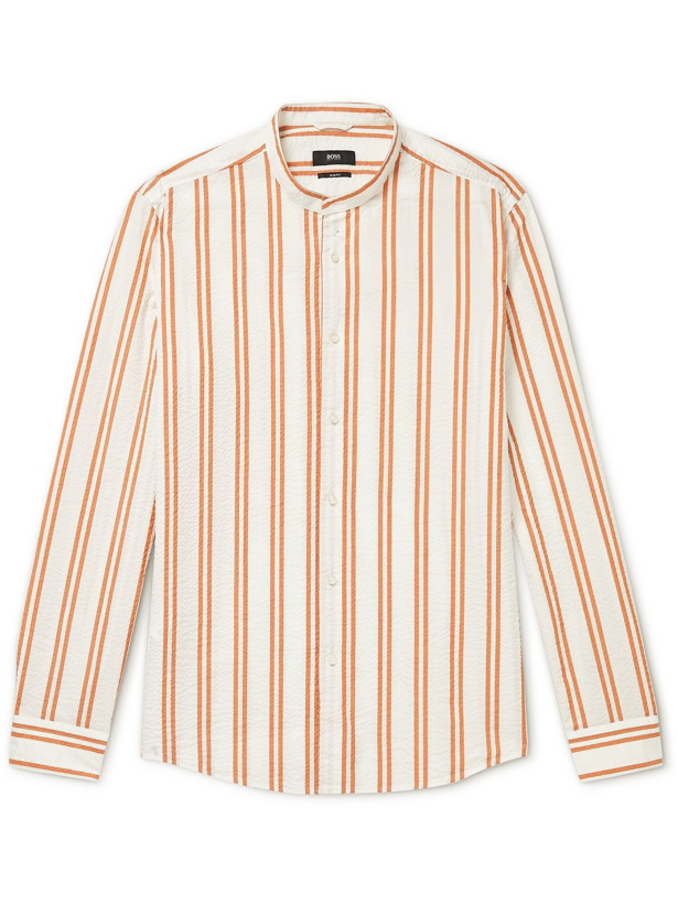 Photo: Hugo Boss - Jordi Slim-Fit Grandad-Collar Striped Cotton-Seersucker Shirt - Orange