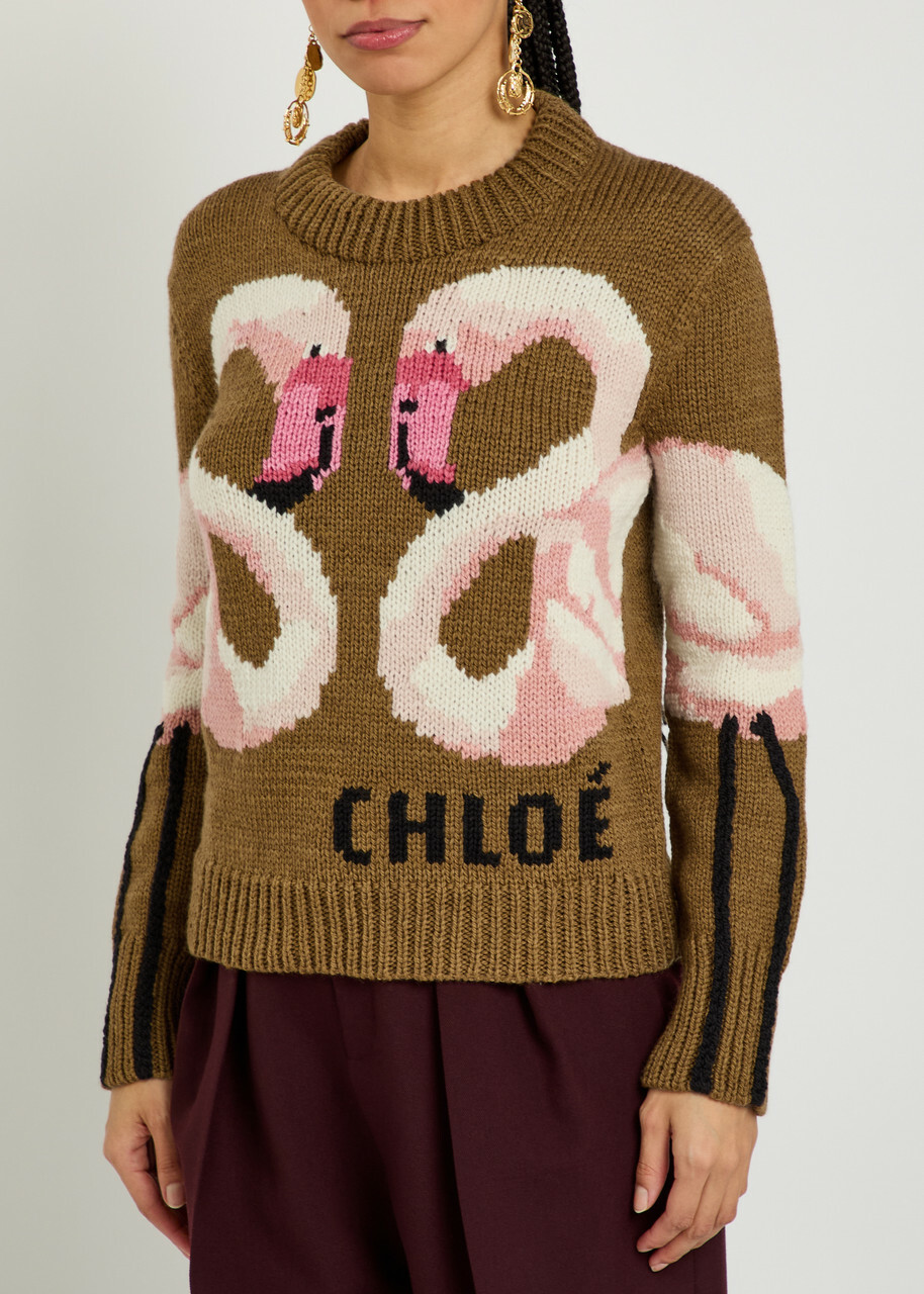 Chloe Flamingo and Logo-intarsia Wool Jumper Brown Other