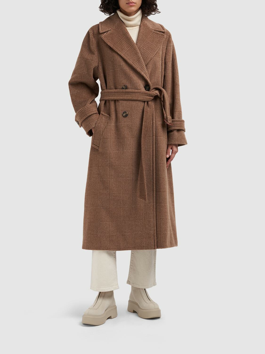 WEEKEND MAX MARA★Wool+Alpaca+Mohair Coat★GARBO 001 WEEKEND MAX MARA Garbo Prince Of Wales Belted Long Coat