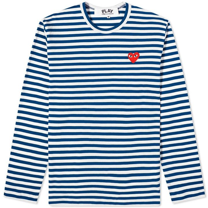 Photo: Comme des Garçons Play Men's Long Sleeve Heart Stripe Logo T-Shirt in Blue/White