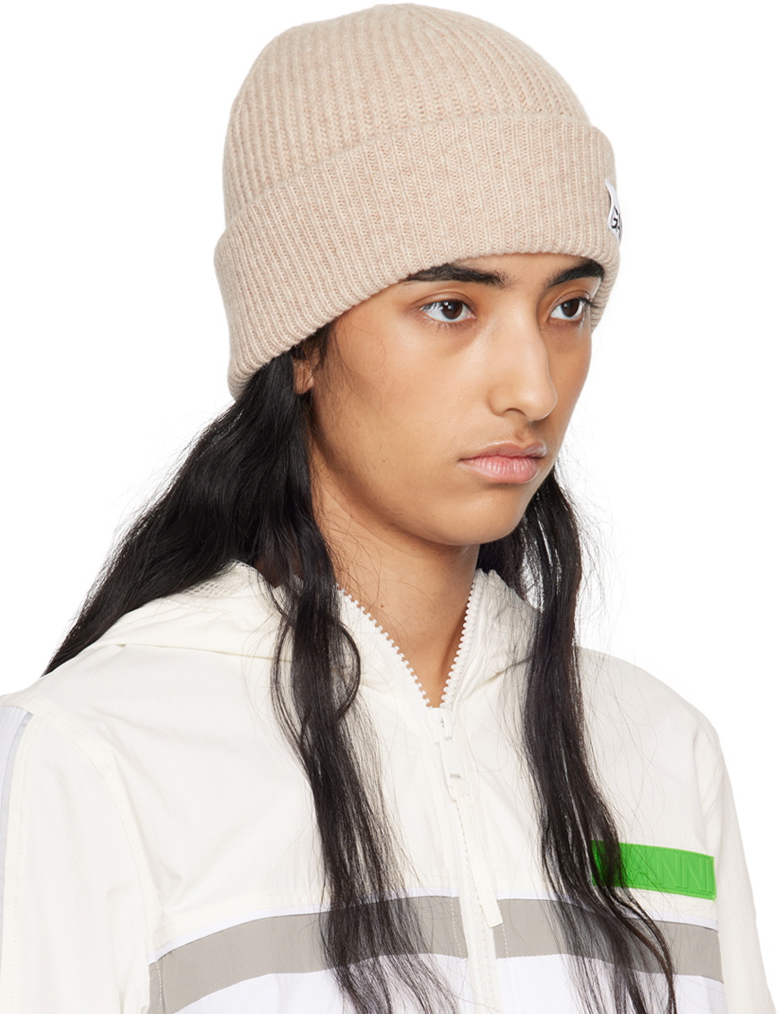 GANNI Beige Fitted Wool Rib Knit Beanie GANNI