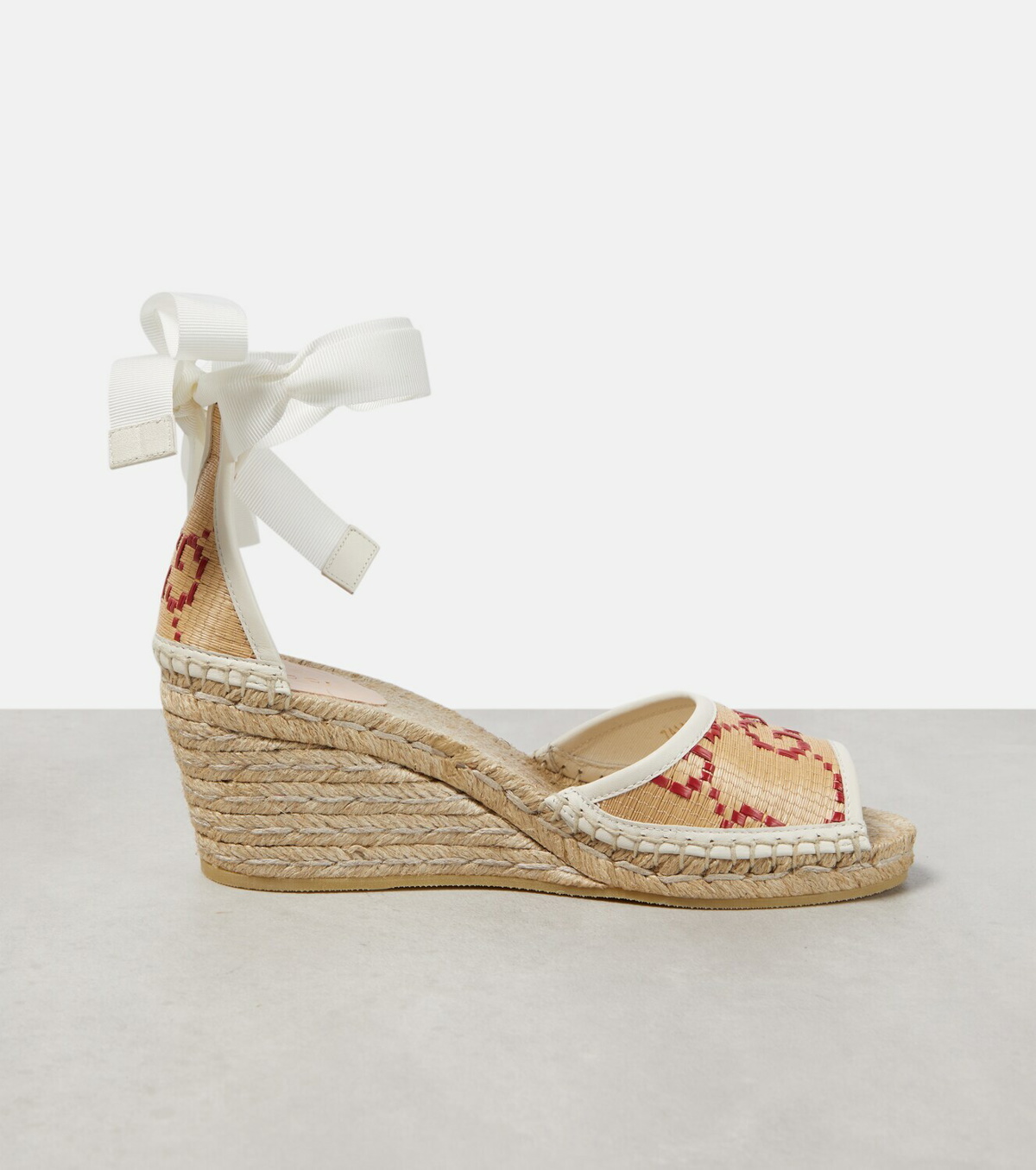 Beige GG-canvas and raffia wedge sandals, Gucci