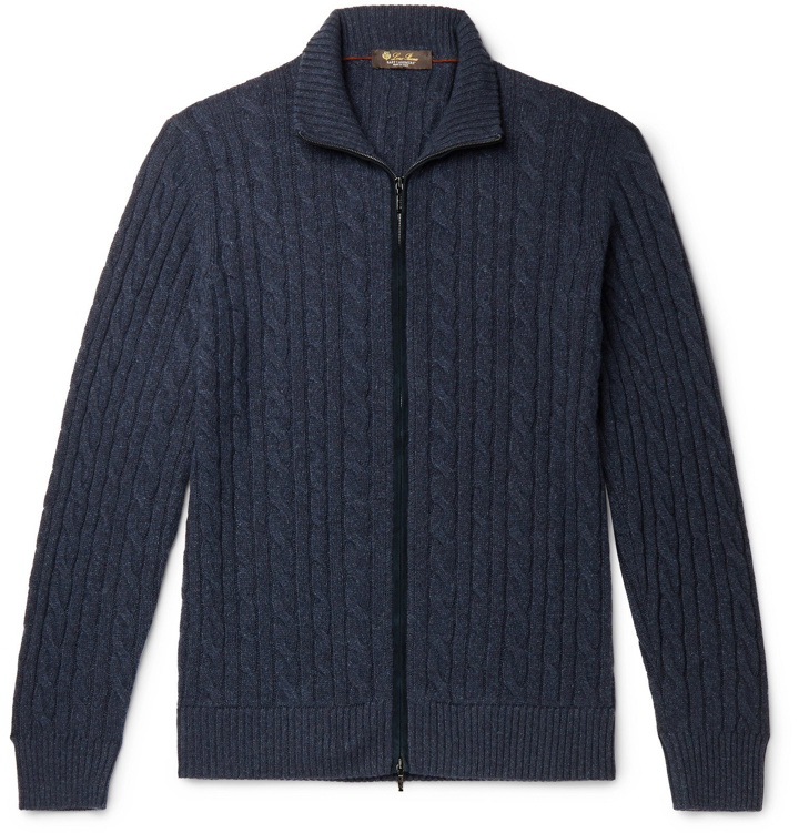 Photo: Loro Piana - Suede-Trimmed Cable-Knit Baby Cashmere Zip-Up Sweater - Blue